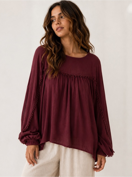 ANDREE BY UNIT Tops - ANDREE BY UNIT Oversized Fringe Sleeve Rayon Boho Blouse Wine Large